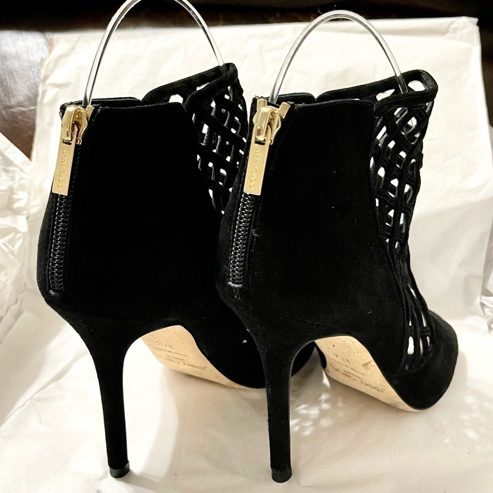Jimmy Choo fishnet gladiator ankle peeptoe bootie Supple suede lthr blk EU37.5 - Picture 8 of 9